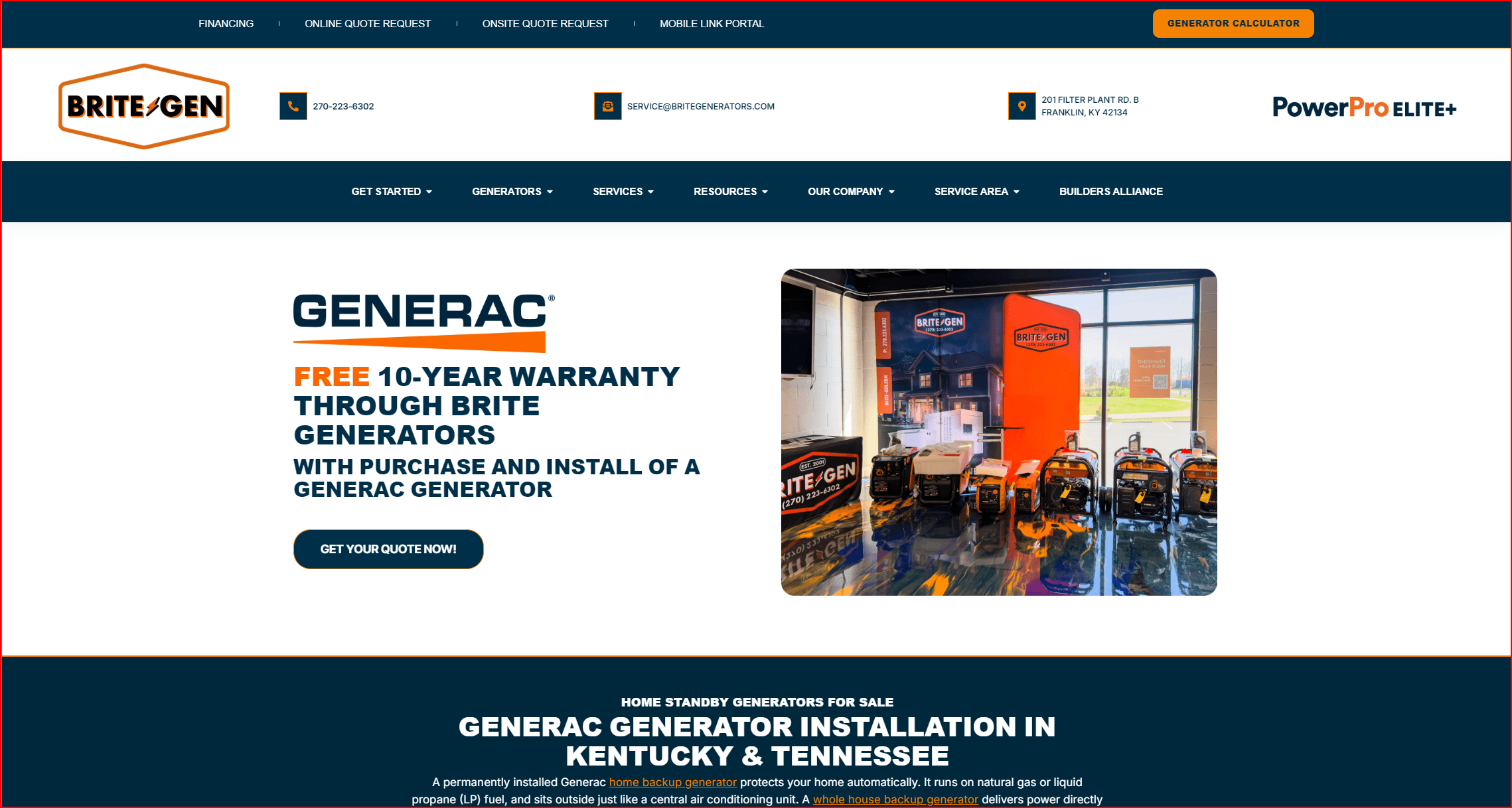 Brite Generators website designed by Galaxy Sunset Designs