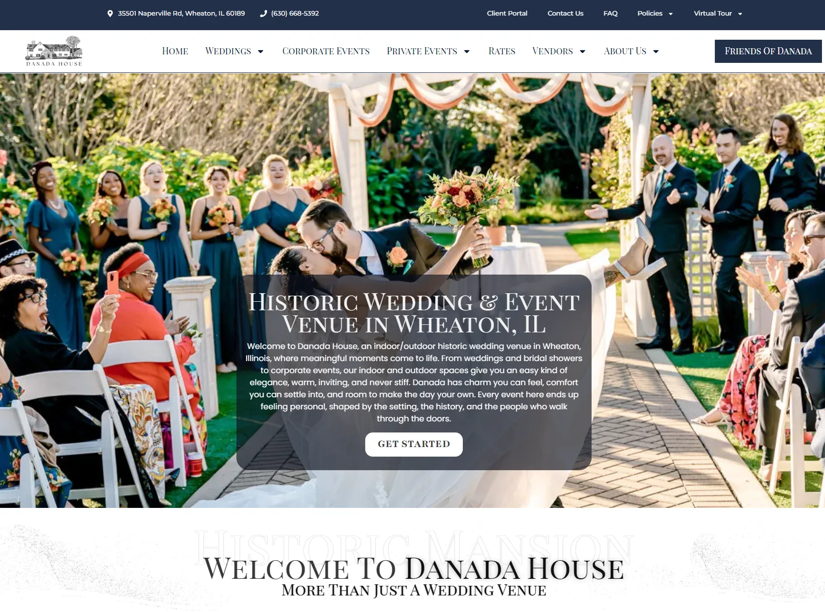 Danada House website featuring weddings and events in Wheaton Illinois